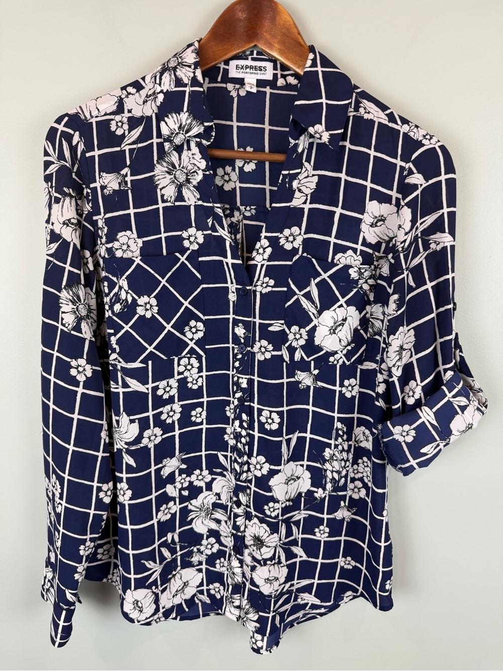 Express Portofino Shirt Size S Navy Blue Floral, Career Office Workwear